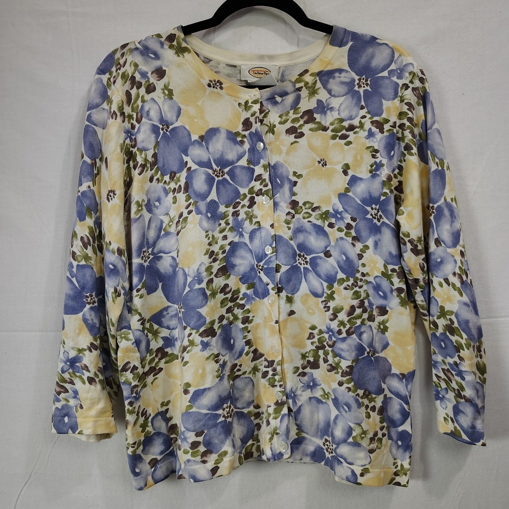 Vtg Talbots‎ Cardigan Womens M Soft Yellow Floral Button Up Romantic 3/4 Sleeve